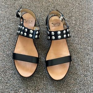 Black Studded Leather Slingback Sandals - Women